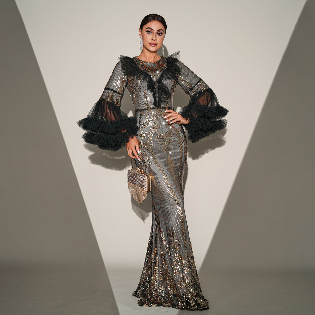 Women's Crew-Neck Sequin Fishtail Maxi Evening Dress