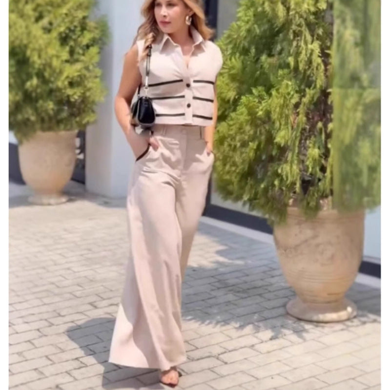 Women's Color Contrast Short Sleeveless Top Casual Wide Leg Pants Two
