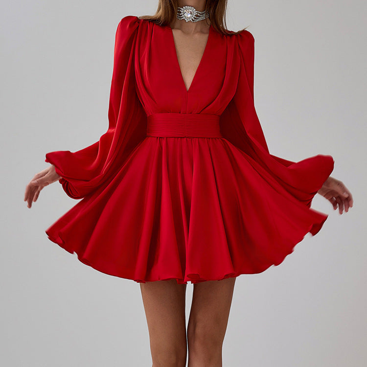 Pleated V-Neck Satin A-Line Dress