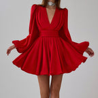 Pleated V-Neck Satin A-Line Dress
