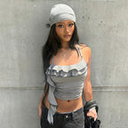 Solid Color Ruffles Design Slim Short Halter Spaghetti Straps Top
