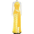 Yellow lace halter maxi dress on mannequin, draped bust and long slit