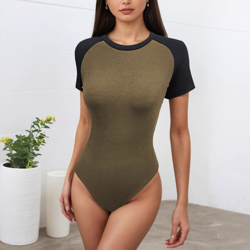 Women's Summer Contrast Color Short Sleeve Rompers Women Round Neck Slim Slimming Bodysuit