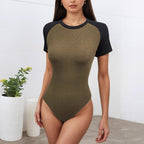 Women's Summer Contrast Color Short Sleeve Rompers Women Round Neck Slim Slimming Bodysuit