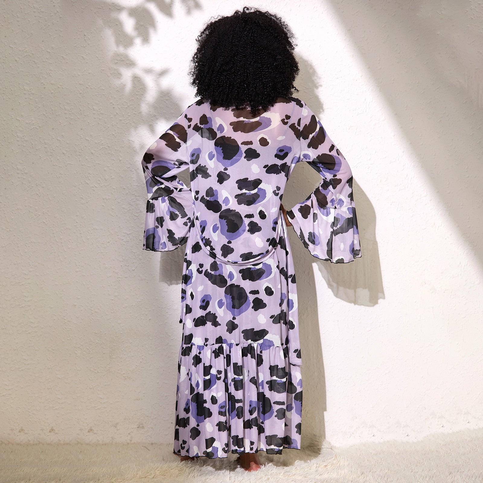 Purple Leopard Print Mesh See through Two Piece Pajamas