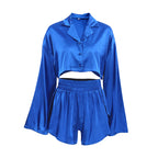 Summer Thin Type Satin Cool Feeling Cropped Long Sleeves Shorts Two Piece Set Sexy Ladies Homewear