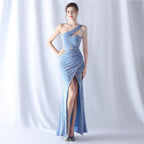 Women's Handmade Beaded Velvet Bottom Sequin Dinner Wedding Evening Dress