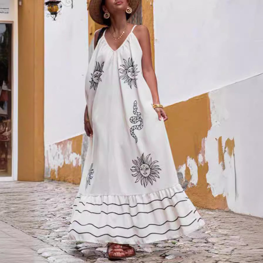 Strappy Print Holiday Loose Dress