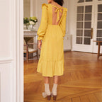 Women's V-Neck Long Sleeve Slit A-Line Midi Dress