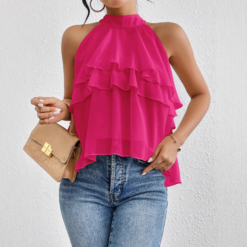 Fashionable Temperamental All Match Solid Color Halter Sleeveless Irregular Asymmetric Ruffle Top