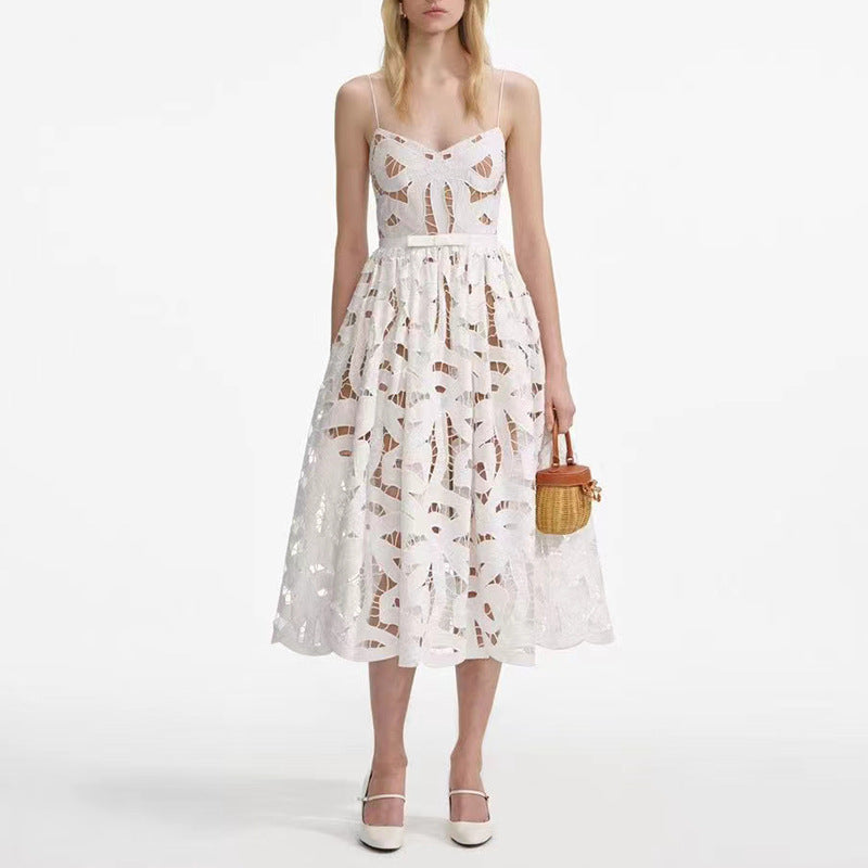 Sexy Dress Water Soluble Embroidery Sleeveless Backless High Waist Slimming Dress Women Autumn