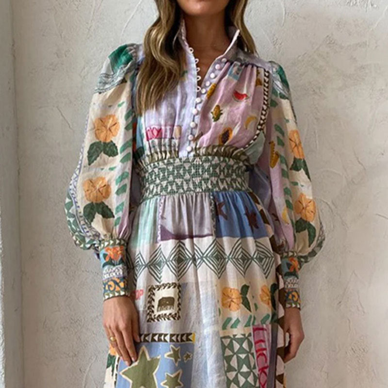 's Summer Office Printing Painted Long Sleeve Casual Dress