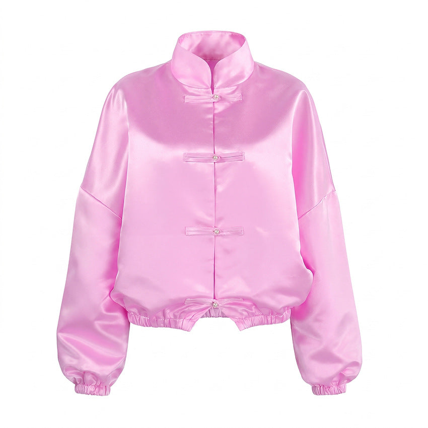 Women's Satin Stand-Collar Button Jacket