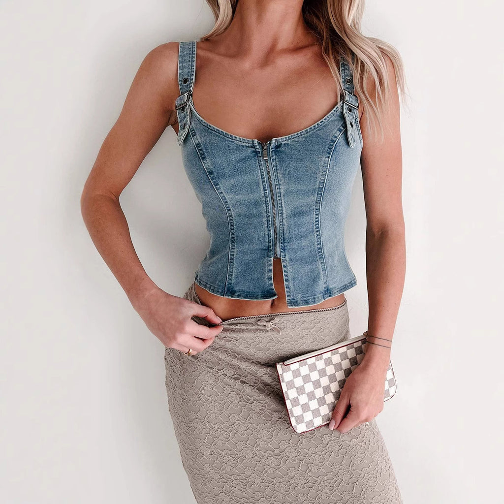 Women Zipper Sling Backless Slim Fit Denim Sexy Vest Women