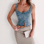 Women Zipper Sling Backless Slim Fit Denim Sexy Vest Women