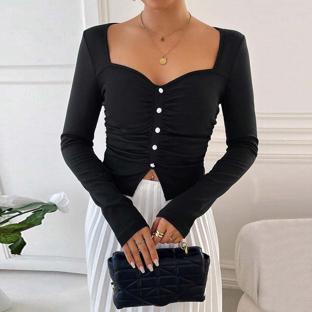 Women's French Square Neck Button Long Sleeve Top