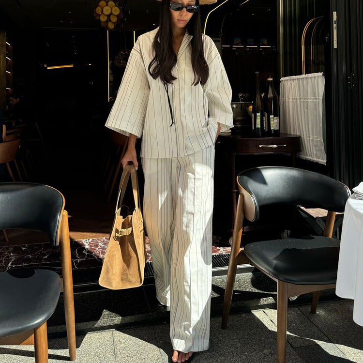 Striped Shirt & Wide-Leg Pants Set