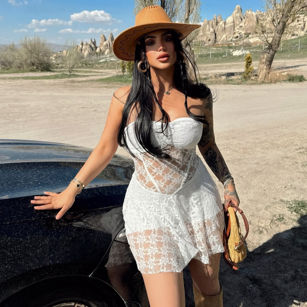 Summer Lace Stitching Tube Top Sheer Dress