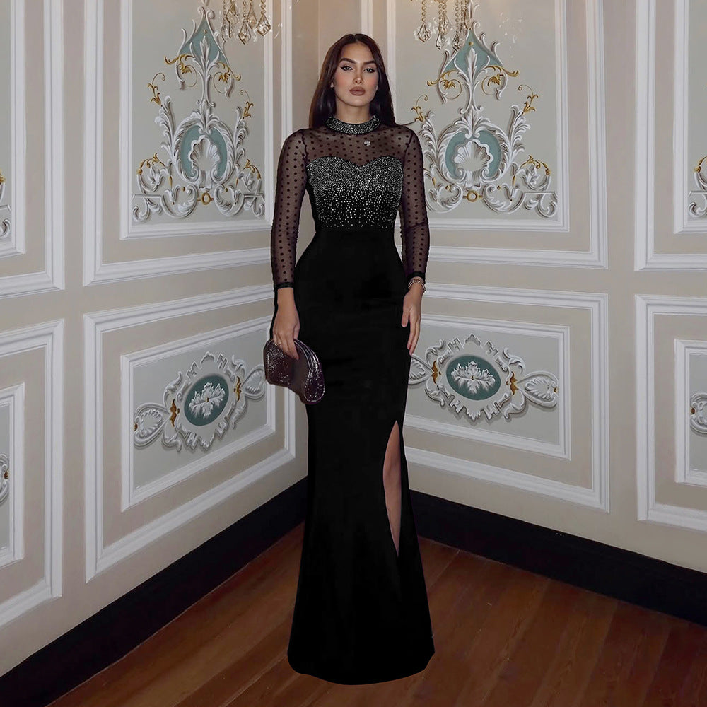 Drilling Mesh Long Sleeve Patchwork Waist Slim Fit Split Dress Slim Fit Long