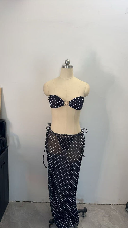 Bandeau one-piece swimsuit with black polka-dot bandeau bra top and tie-front high-rise bottoms