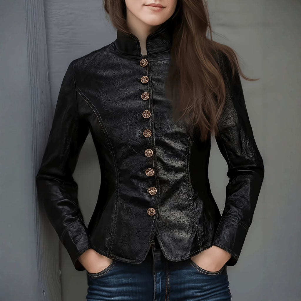 Women's Black Faux-Leather Belted Jacket