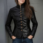 Women's Black Faux-Leather Belted Jacket
