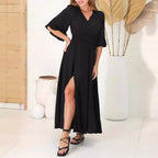 Women's V-Neck Ruched Split Maxi Dress