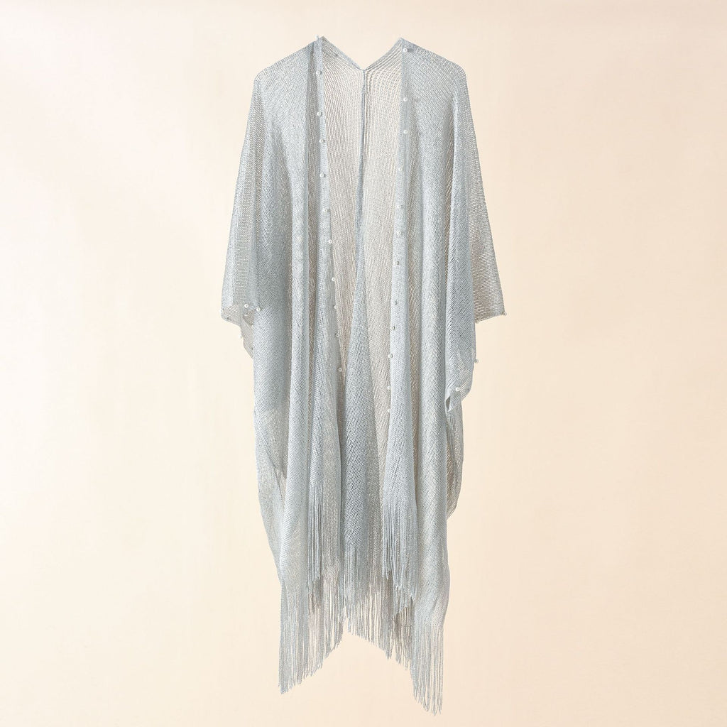 Light gray pearl-embellished sheer poncho with V-neck and tassel fringe