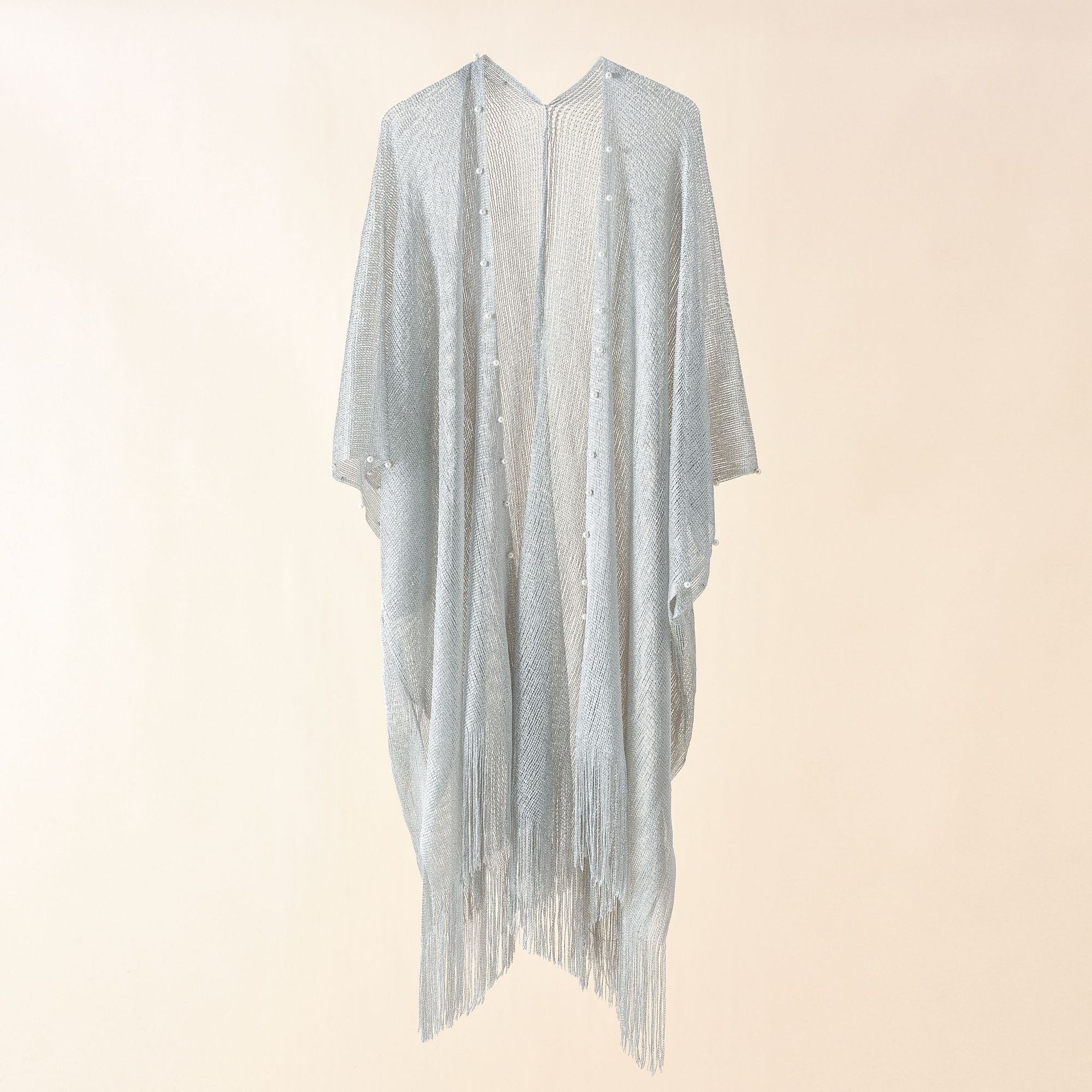 Light gray pearl-embellished sheer poncho with V-neck and tassel fringe