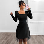 Women's Square-Neck Mesh Long-Sleeve Dress