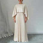 Summer Elegant Solid Color Round Neck Pleated Two Piece Sets