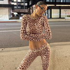 Women's French Clothing Autumn Winter Leopard Print Cropped Long Sleeve Top Slim Shorts Set