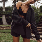 Women's Summer Three-Piece Striped Single Breasted Long-Sleeve Collared Shirt Shorts Casual Set