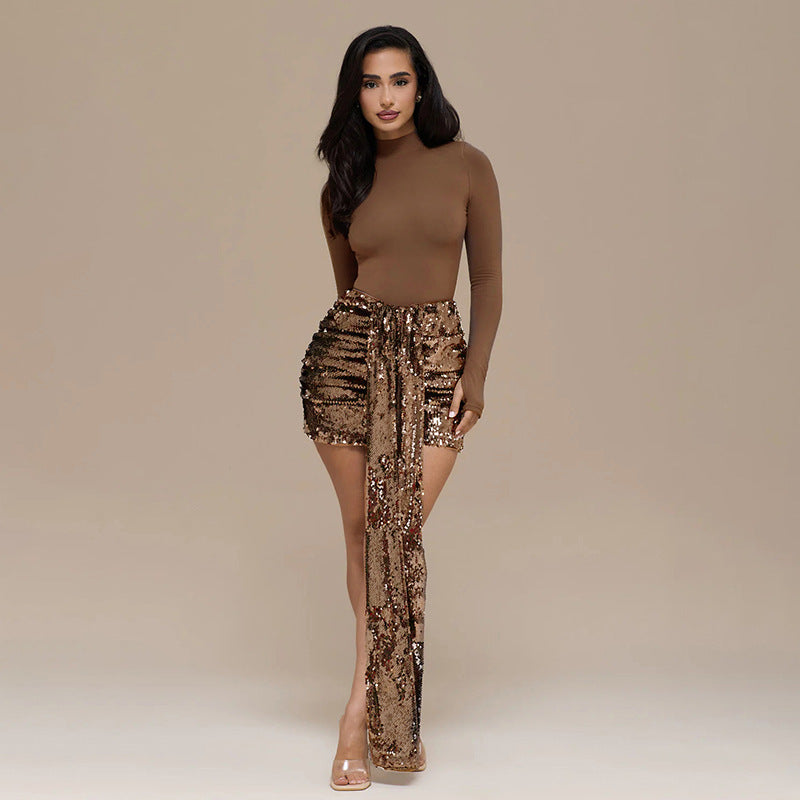 Autumn Winter Slim Fit Turtleneck Patchwork Sequin Mini Short Skir