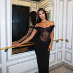 Black French Sexy Lace Stitching Sexy Off Shoulder Slim Sheath