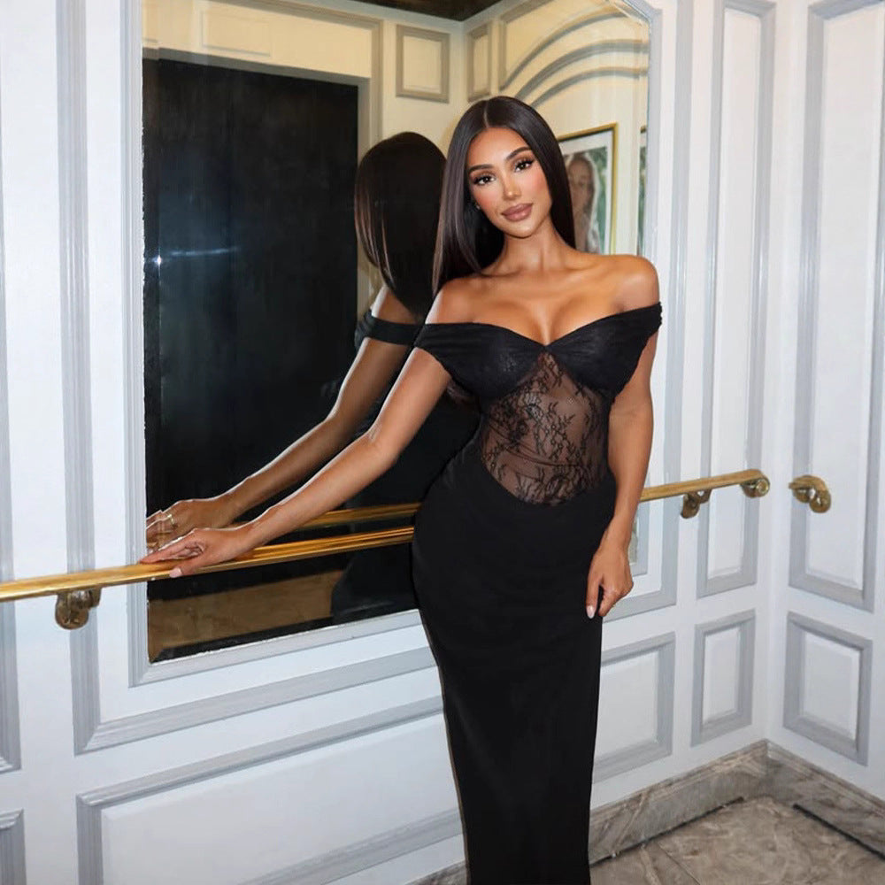 Black French Sexy Lace Stitching Sexy Off Shoulder Slim Sheath