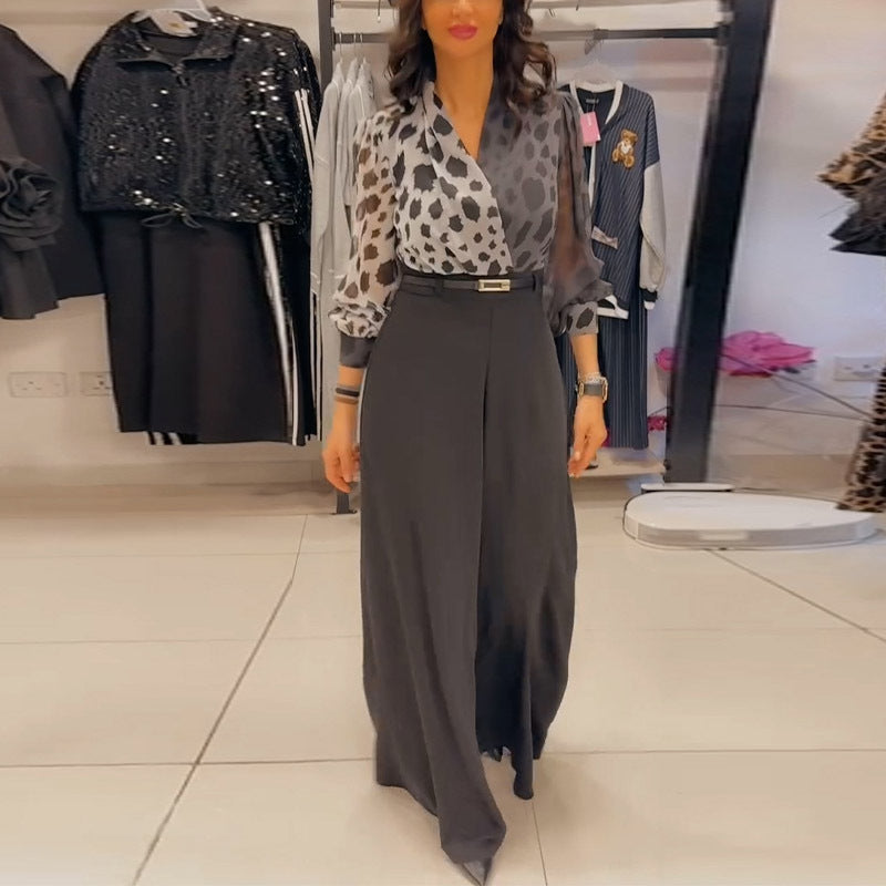 Women's Spring Elegant V-Neck Top Printed Wide Leg Pants Two Piece Set
