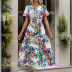 Printed V-Neck Short-Sleeve Midi Dress