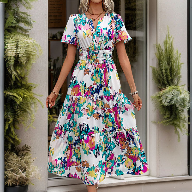 Printed V-Neck Short-Sleeve Midi Dress