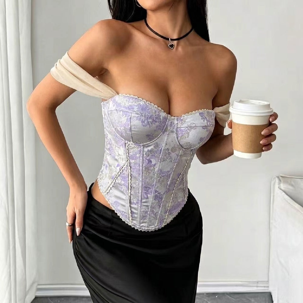Women's Off Shoulder Jacquard Boned Bustier Corset