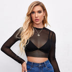 Women's Sheer Mesh Long Sleeve Crop Top