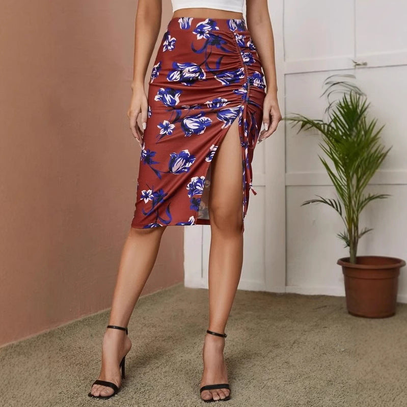 Summer Printed Drawstring Split Slim Skirt