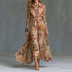 Women's Retro Floral Print Dress Elegant Button Long Sleeve Tied Shirt Dress