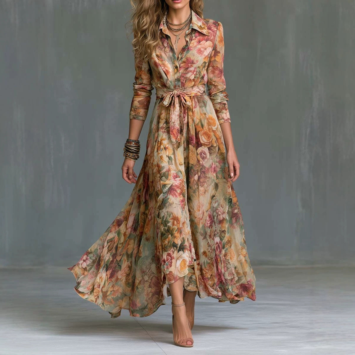 Women's Retro Floral Print Dress Elegant Button Long Sleeve Tied Shirt Dress
