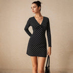 Women's French Vintage Floral Dress Women Niche Design V neck Lace up Short Black Polka Dot Dress