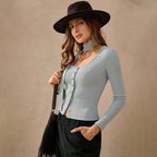 Women's Early Autumn Niche Irregular Asymmetric Button Design Streamer Long Sleeve Knitted Cardigan High Grade T Shirt