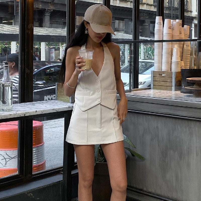 Women's Summer Small Suit Faux Pocket Halterneck Vest A Line Skirt Set