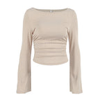 Women's Pleated Round Neck Bell Sleeve Top