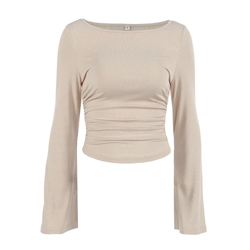 Women's Pleated Round Neck Bell Sleeve Top