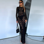 Spring Summer Solid Color Lace See Through Long Sleeve Midi Dress